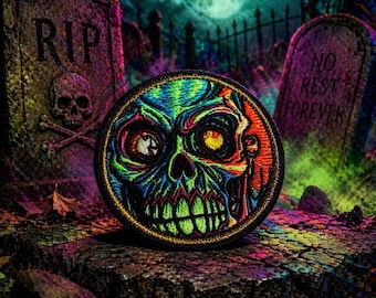 Zombie Skull Patch/Iron-On Patch/Halloween Decor/Horrorcore Badge/Undead Skull Art/Sew-On Applique for Clothing Vest/Jacket Hat Backpack