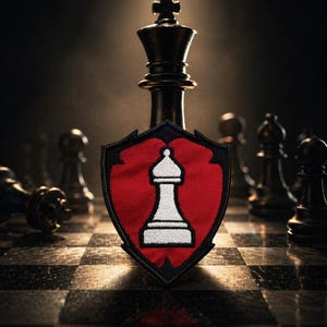 May include: A chess-themed patch featuring a white bishop on a red shield, set against a backdrop of chess pieces on a checkered board. The king piece stands tall, with other pieces in the background.