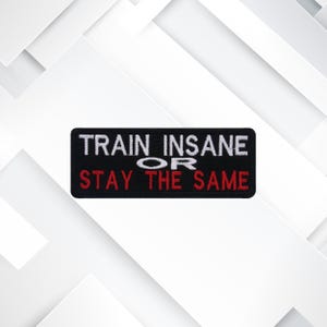 Parche bordado "Entrena Insane o quédate igual", termoadhesivo o cosible, para chaleco, chaqueta, mochila, motivación fitness.
