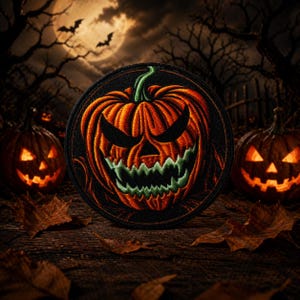 May include: A round, embroidered patch featuring a jack-o'-lantern with an orange face and green teeth. The patch is set against a spooky Halloween background with a full moon, bats, and carved pumpkins.