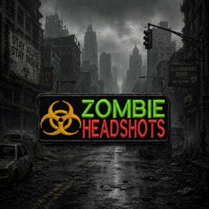 May include: A rectangular patch with the words "ZOMBIE HEADSHOTS" in green and red, and a biohazard symbol in gold. The background depicts a post-apocalyptic cityscape with ruined buildings and a dark, overcast sky.
