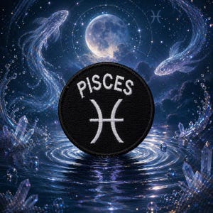 May include: A black, round patch embroidered with the word "PISCES" and the Pisces astrological symbol in white. The patch is set against a cosmic background with a full moon, stars, and two ethereal fish.