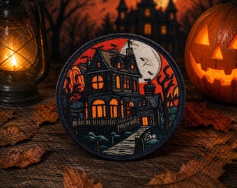 Haunted House Patch/Iron On Patch/Spooky & Scary/Kids Halloween Costume Decor/Embroidered Sew-On Appliqué for Clothing, Trick or Treat Bag