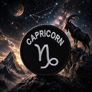 May include: A black embroidered patch with the word "CAPRICORN" and a white Capricorn symbol. The image features a mountain landscape, a starry sky, and a silhouette of a goat.