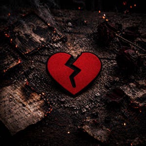 May include: A red heart-shaped patch with a black jagged line splitting it in two. The patch is set against a dark, textured background with hints of red and orange, suggesting a theme of heartbreak or loss.