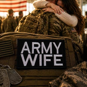 May include: An image featuring a military theme, with an American flag in the background. A patch with the words "ARMY WIFE" is visible, along with a tumbler that reads "PROUD SUPPORTER OF MY HERO". Dog tags with text are also present.