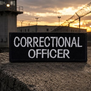 May include: A black rectangular patch with the words "CORRECTIONAL OFFICER" embroidered in white. The patch is set against a backdrop of a prison, with a watchtower and barbed wire fence visible under a sunset sky.