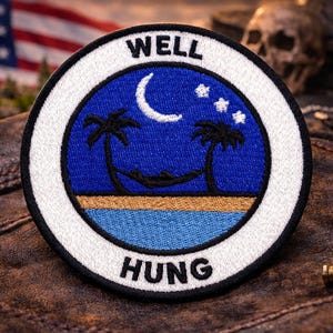 Well Hung Patch/Hammock Palm Trees Beach Stars/Iron-On Patch/Sarcastic & Funny Sayings/Embroidered Sew-On Applique for Clothing Vest/Jacket