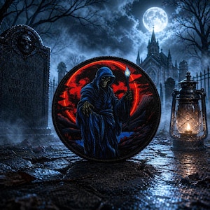 May include: A round patch featuring a Grim Reaper figure in a blue robe, holding a glowing staff, set against a red and black background. The image is set in a graveyard with a full moon, a lantern, and a tombstone.