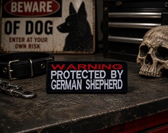WARNING: Protected by German Shepherd Patch/Iron-On Patch/Dog Breeds, K9 Gifts/Embroidered Sew-On Appliqué for Clothing Vest Bag Hat Collars