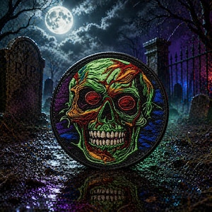 May include: Embroidered patch featuring a colorful zombie skull design. The skull is green, orange, and red, with a black border. The background shows a graveyard scene with a full moon.