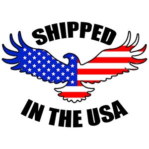 May include: A black and white graphic of an eagle with the American flag design. The eagle is flying with its wings spread. The text "SHIPPED IN THE USA" is below the eagle.