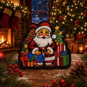 Pode incluir: Patch bordado com o Pai Natal de fato vermelho e barba branca, rodeado de presentes de Natal e uma árvore decorada. O patch tem uma borda preta, sobre um fundo festivo.