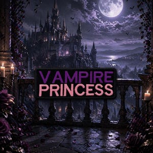 May include: A gothic-themed image featuring a castle under a full moon. A sign with the words "VAMPIRE PRINCESS" in purple and pink is in the foreground. The scene includes candles, roses, and a dark, romantic atmosphere.
