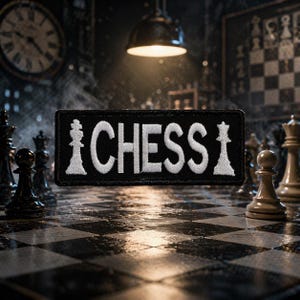 May include: A black patch with the word "CHESS" embroidered in white, flanked by a white chess queen and a white chess king. The patch is set on a checkered chessboard, with chess pieces in the background.