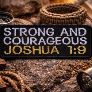 May include: A black patch with white embroidered text reading "STRONG AND COURAGEOUS JOSHUA 1:9" is the focal point. A wooden cross, compass, and flashlight are also visible. The items are arranged on a textured, rocky surface.