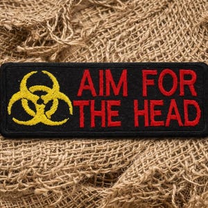 Parche "Apunta a la cabeza"/Humor zombi/Señal de riesgo biológico/Parche termoadhesivo/Aplique bordado para coser en ropa, chaquetas, chalecos, mochilas y equipo de preparación.