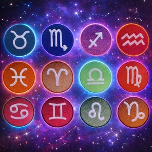 May include: Twelve colorful embroidered patches, each featuring a different zodiac symbol. The patches are circular with a white symbol on a colored background, including blue, orange, green, and red. The background is a starry, purple and blue space.