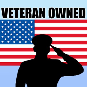 May include: A black silhouette of a person in military uniform saluting in front of an American flag with the text "Veteran Owned" above the flag.