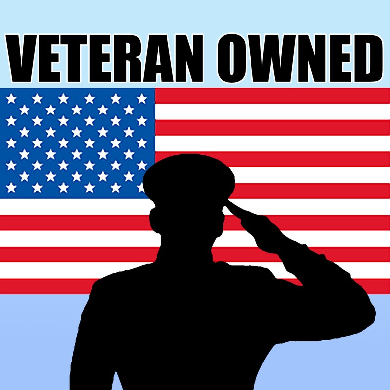 May include: A black silhouette of a person in military uniform saluting in front of an American flag with the text "Veteran Owned" above the flag.