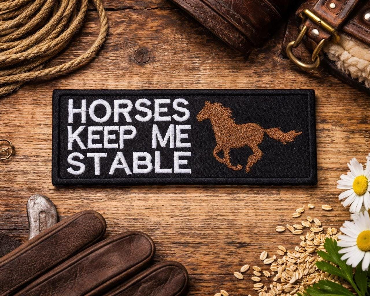 Horses Keep Me Stable Embroidered Patch Distressed Snap-on Hat Cap Stable Cap Custom 6 Panel Velcro Close | Custom | Big Dee main image 4