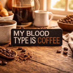 May include: A black patch with white and orange embroidered text that reads "MY BLOOD TYPE IS COFFEE." The patch is on a wooden surface, surrounded by coffee beans, a wooden spoon, and coffee-filled mugs and a glass carafe.