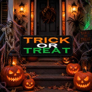 May include: A Halloween-themed front porch scene with carved pumpkins, a skeleton, and a welcome mat that reads "TRICK OR TREAT" in orange, white, and green. The porch is decorated with cobwebs, a spider, and lanterns.