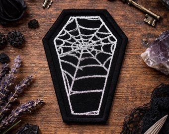Parche de ataúd con telaraña/Parche termoadhesivo/Regalo de Halloween/Escalofriante/Aplique bordado para coser para disfraz, ropa, chaqueta, mochila