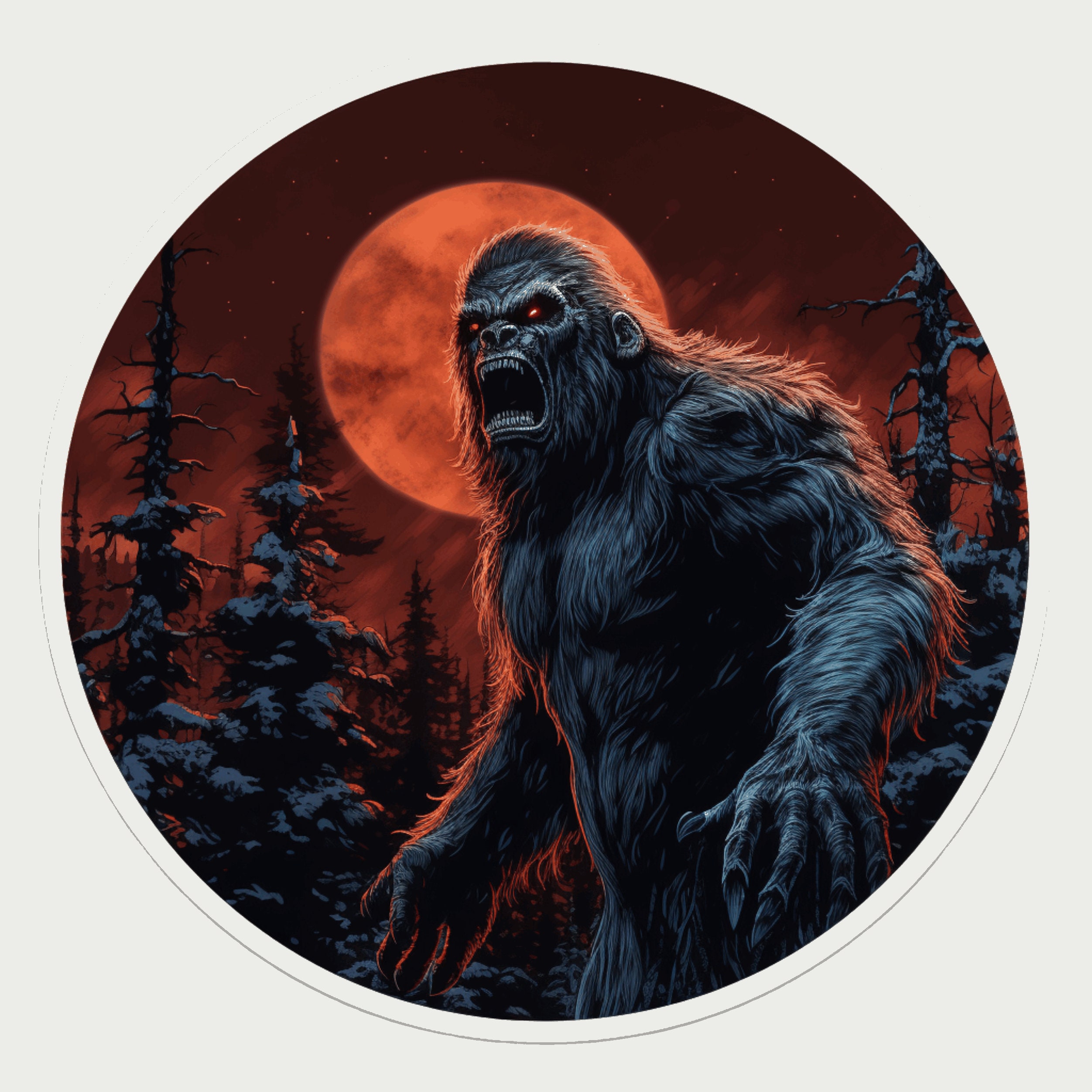 Sasquatch Decal, Bigfoot Vinyl Stickers Decals, Cryptid Decal for Laptop Car Truck Window Bumper Graphics, Myth Legend, Folklore, Red Moon