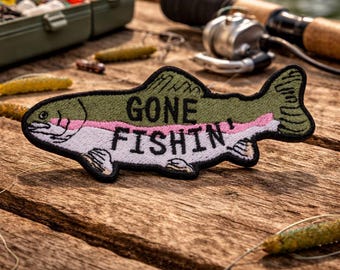 Gone Fishin' Patch/Iron-On Fishing Patch/Trout Badge/Angler Gift/Outdoor Hobby Gear/Embroidered Appliqué for Clothing Vest/Jacket Backpack