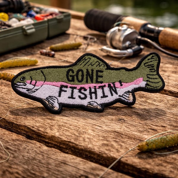 Gone Fishin' Patch Stryk-på broderad applikation för jacka, väst, ryggsäck, fiskemärke, öringmärke, sportgåva, hobbyutrustning