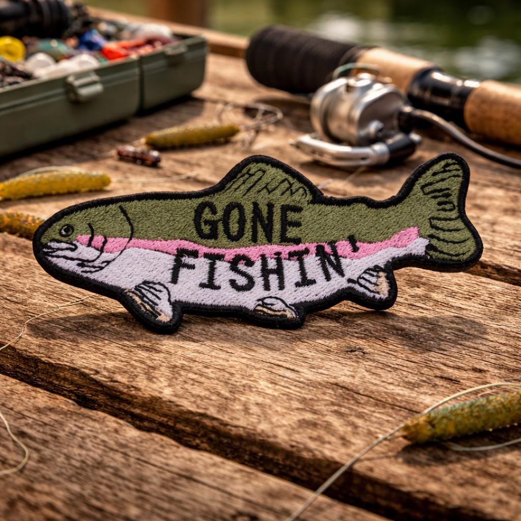 Gone Fishin' Patch/Iron-On Fishing Patch/Trout Badge/Sports Angler Gift/Outdoor Hobby/Embroidered Appliqué for Clothing Vest/Jacket Backpack