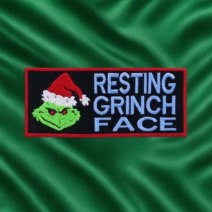 Resting Grinch Face Patch – Funny Christmas Embroidered Iron-On Applique for Jackets, Stockings, Bags & Holiday Clothing