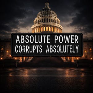 Może przedstawiać: Czarna naszywka z białym haftowanym napisem „ABSOLUTE POWER CORRUPTS ABSOLUTELY” jest wyśrodkowana przed budynkiem Kapitolu Stanów Zjednoczonych. Obraz jest osadzony na tle ciemnego, pochmurnego nieba z podświetlonym budynkiem.