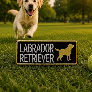 Peut inclure: Un écusson Labrador Retriever noir avec des détails dorés et blancs, à côté d'une balle de tennis sur l'herbe. Un chien Labrador doré court en arrière-plan. Le texte est 'LABRADOR RETRIEVER'.