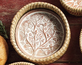 Bread Basket with Terracotta Warmer, Engraved with Nature-Inspired Birds of a Feather Design