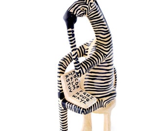 Reading Zebra Sculpture, Hand-painted Jacaranda Wood, Bookshelf Decor, Animal Figurine, Gift for Teacher, Book Lover Gift