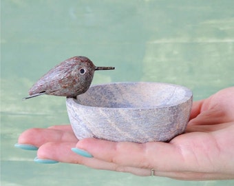 Small Decorative Stone Dish with Perched Bird, Oval Bird Dish, Serpentine Stone, Unique Home Accent, Bird Lover Gift, Mothers Day Gift