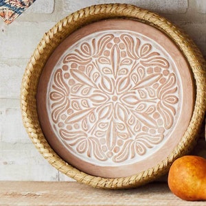 Bread Basket with Terracotta Warmer, Engraved with Nature-Inspired Lotus Design