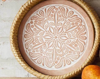 Bread Basket with Terracotta Warmer, Engraved with Nature-Inspired Lotus Design
