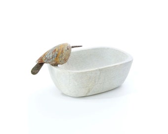 Small Decorative Stone Dish with Perched Bird, Oval Bird Dish, Serpentine Stone, Unique Home Accent, Bird Lover Gift