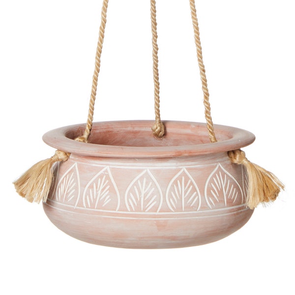 Terracotta Hanging Planter with Sturdy Jute Hanger, Indoor, Outdoor Hanger, Handmade with Unique Leaf Design