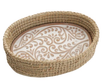 Bread Basket with Terracotta Warmer, Engraved with Nature-Inspired Vines