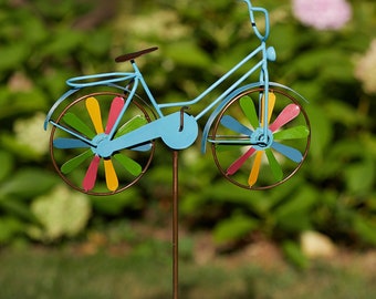 Decorative Bicycle Garden Stake, Rainbow Ride Wind Spinner Wheels, Spring Yard Decor, Recycled Metal Stake, Unique Design, Outdoor Decor