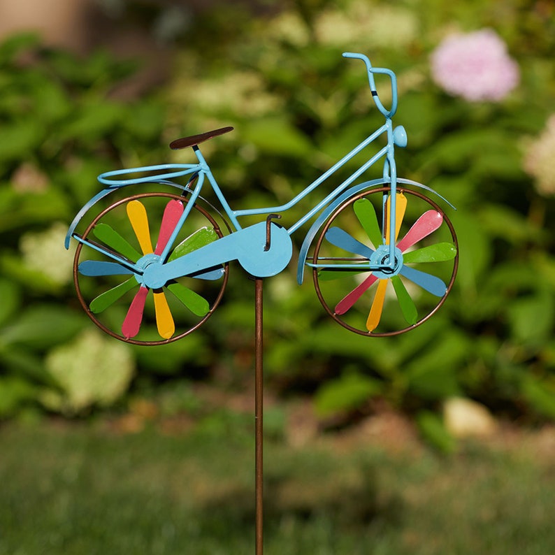 Decorative Bicycle Garden Stake, Rainbow Ride Wind Spinner Wheels, Spring Yard Decor, Recycled Metal Stake, Unique Design, Outdoor Decor image 1