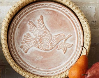 Bread Basket with Terracotta Warmer, Engraved with Nature-Inspired Peace Dove Design, Popular Gift