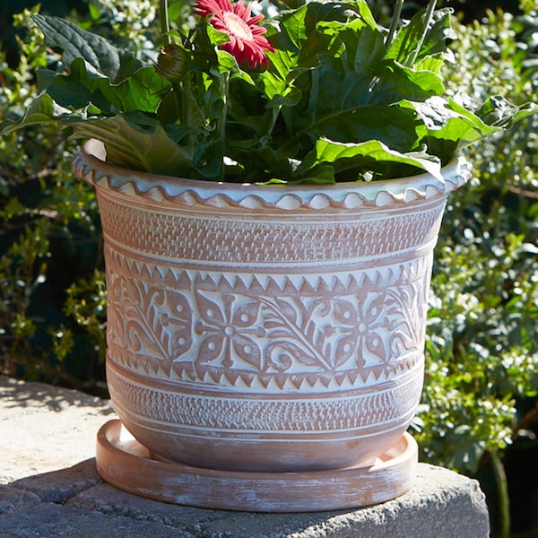 Large Outdoor Terracotta Garden Planter with Drainage Hole and Saucer, Flowering Garden Pattern, Carved Planter, Whitewashed Exterior