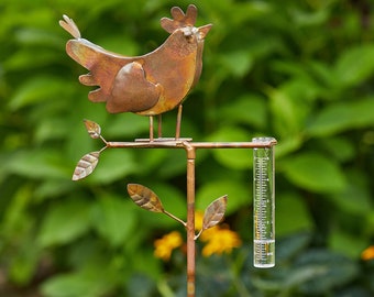 Decorative Rooster Rain Gauge Stake, Recycled Metal, Antique Copper Finish, Glass Rain Gauge, Gardening Gift, Spring Decor, Unique Design