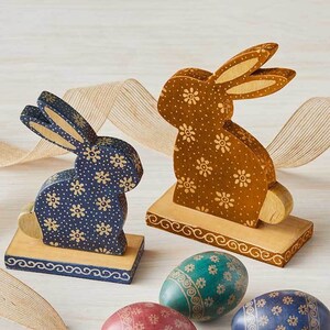 Ditzy Indigo and Marigold Batik Bunnies, Set of 2, Albizia Wood Bunny Decor, Handmade Spring Decor, Easter Tabletop Decoration, Unique Decor