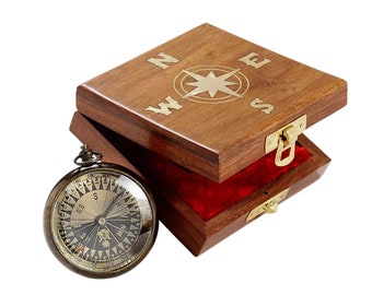 True North Compass, Authentic Metal and Glass Compass, Sheesham Wood Box, Adventurer Gift, Wilderness Accessory
